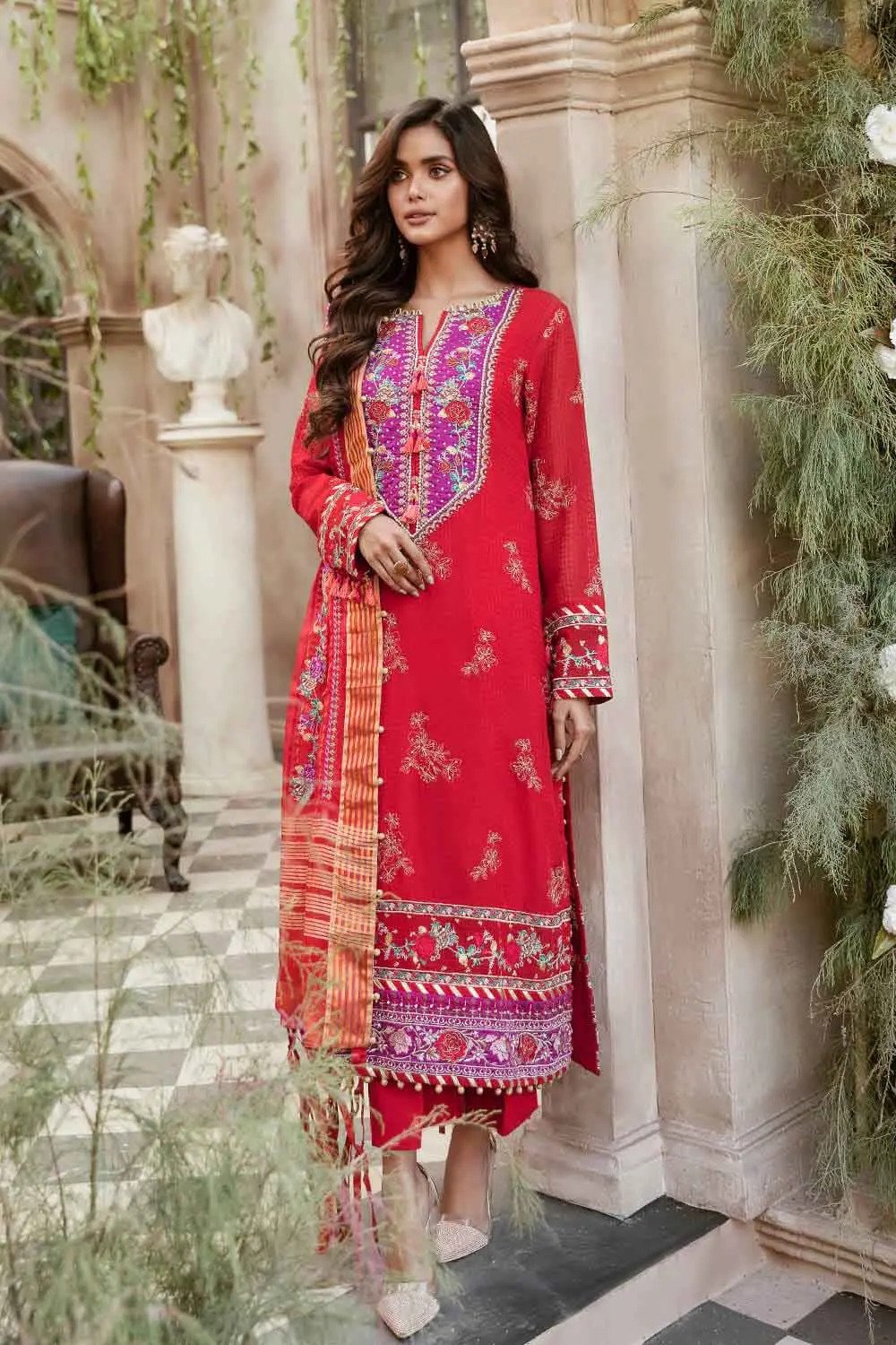 Embroidered Dobby Suit with Organza Dupatta