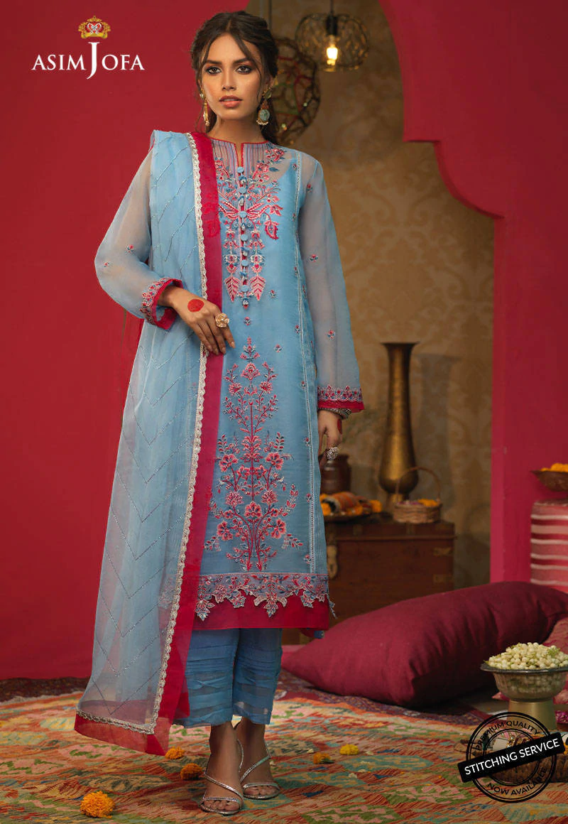 Embroidered organza color Blue3 pc suit
