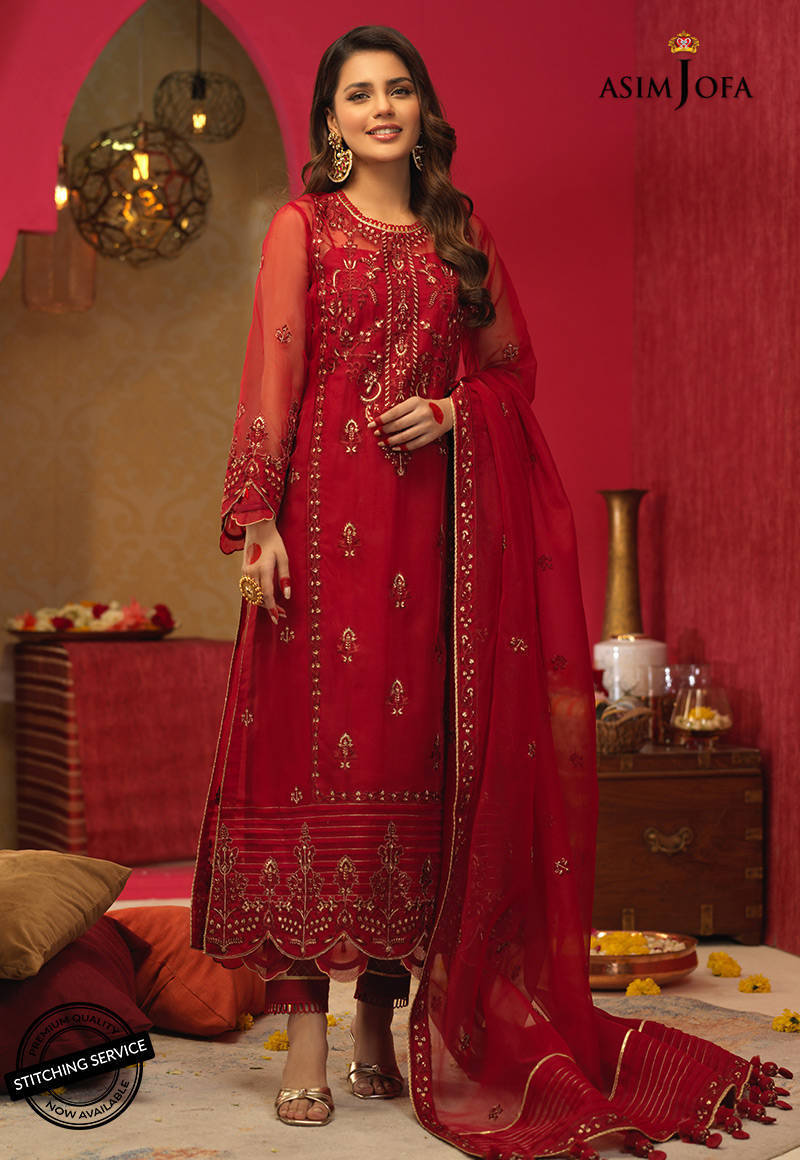 Embroidered organza color Red 3pc suit