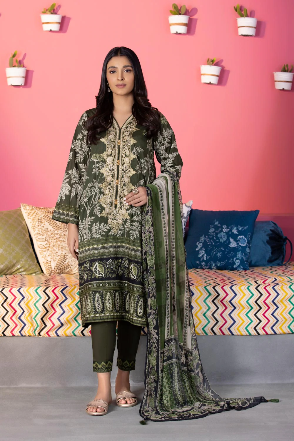 Printed Lawn Green color 3 pc suit
