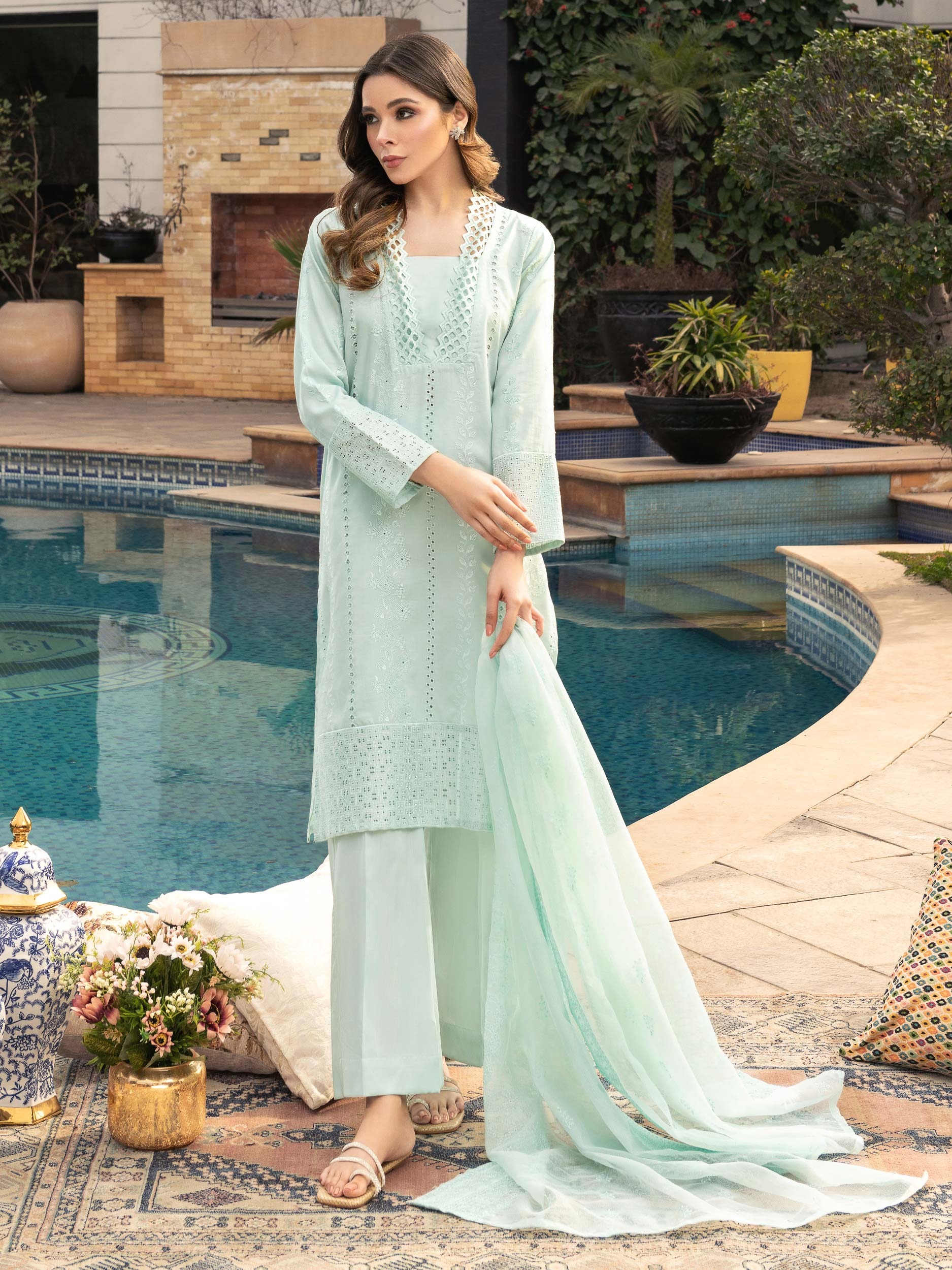 3 Piece Satin Suit-Embroidered