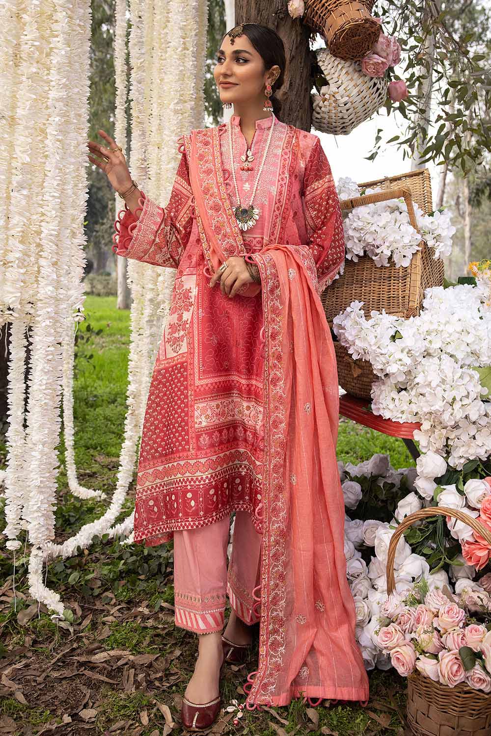 3PC Embroidered Jacquard Printed Unstitched Suit with Embroidered Stripe Dupatta