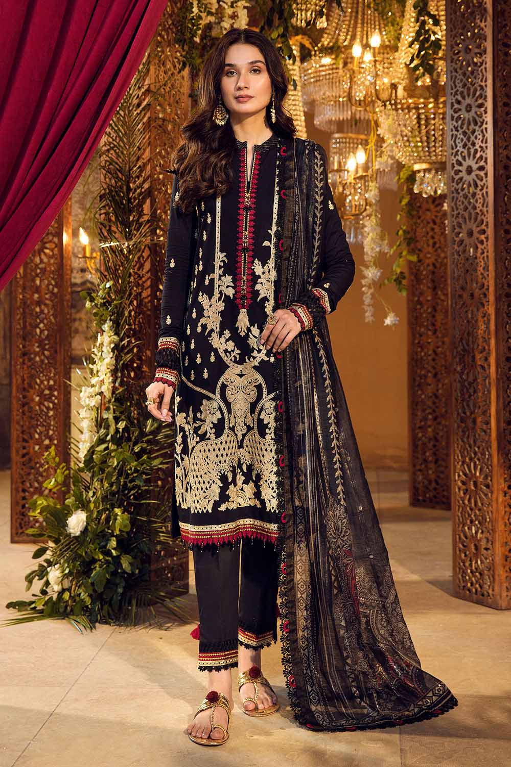 3PC Embroidered Lawn Suit with Prited Zari Stripe Dupatta