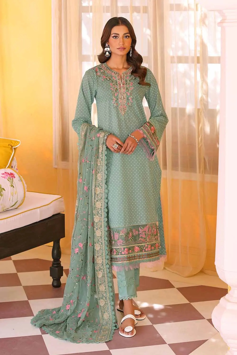 3PC Embroidered Lawn Unstitched Suit with Embroidered Chiffon Dupatta