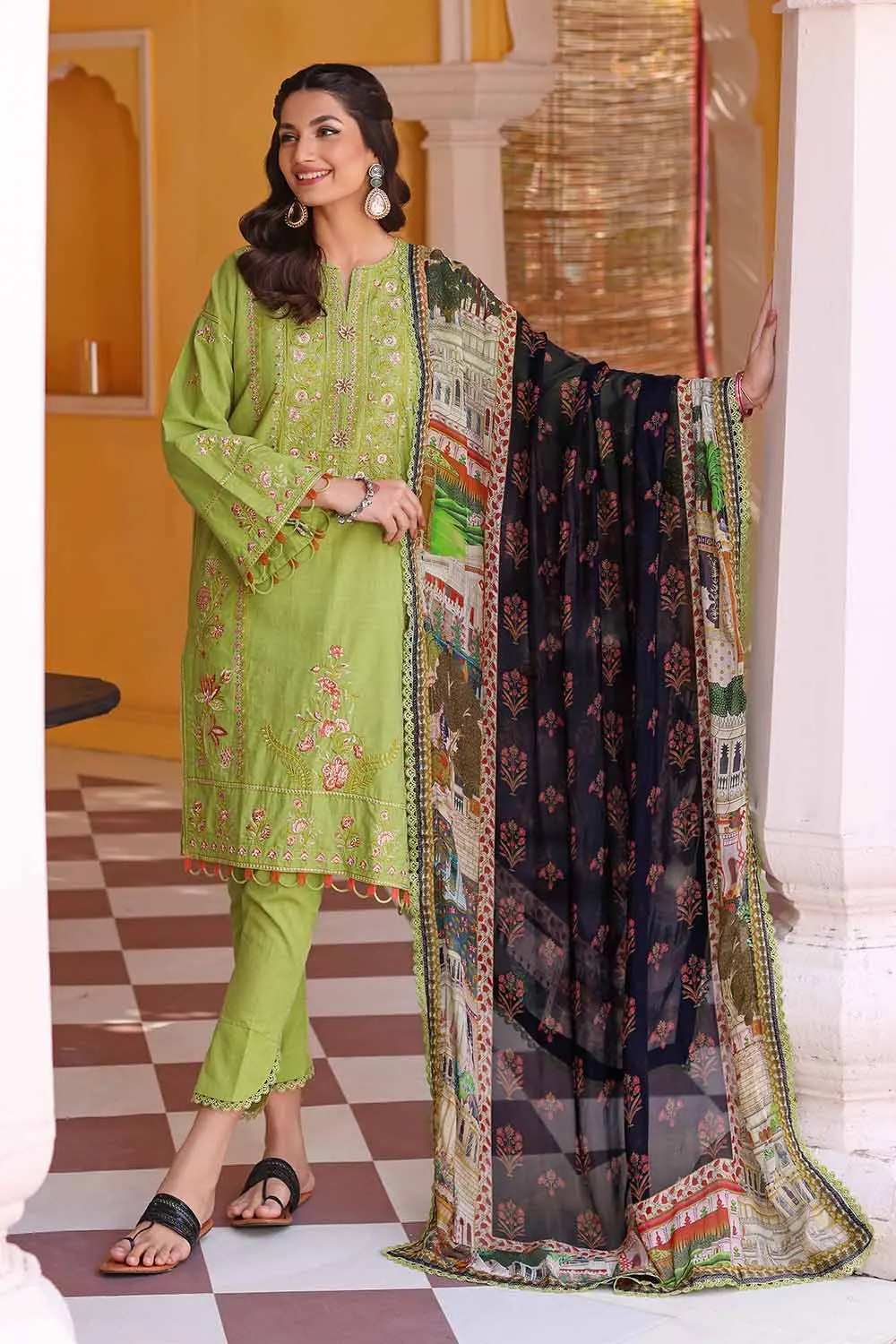 3PC Embroidered Lawn Unstitched Suit with Tissue Silk Dupatta