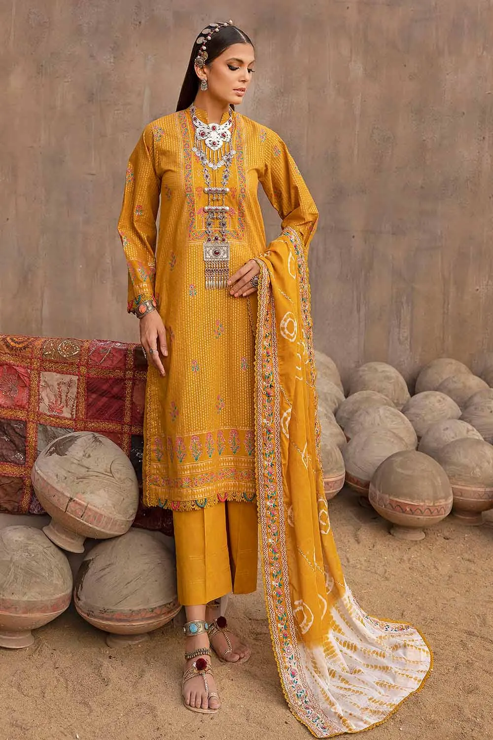3PC Gold Printed Lawn Unstitched Suit with Embroidered Dupatta