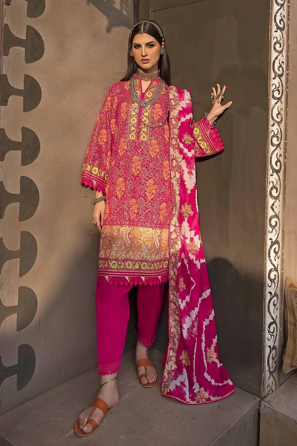 3PC Gold Printed Unstitched Suit with Embroidered Dupatta