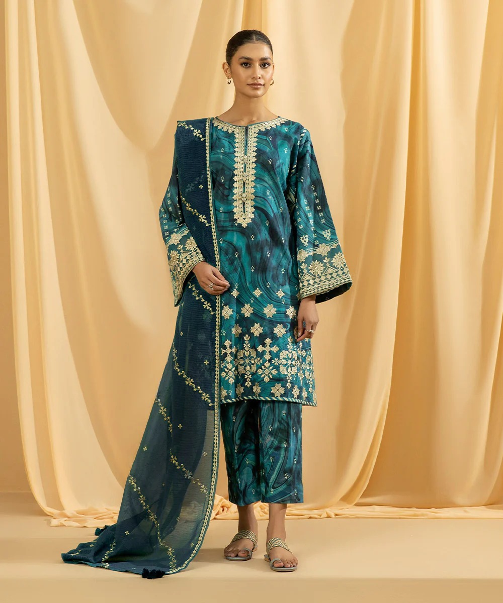DIGITAL PRINTED EMBROIDERED COTTON JACQUARD 3pc Teal blue SUIT
