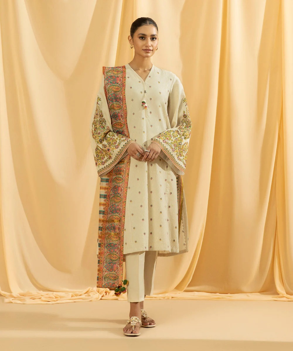 DYED EMBROIDERED COTTON JACQUARD 3Pc SUIT