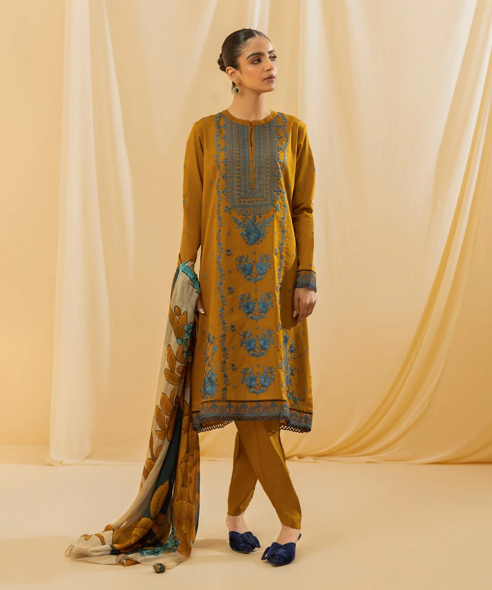 DYED EMBROIDERED COTTON Mustard 3 pc SUIT